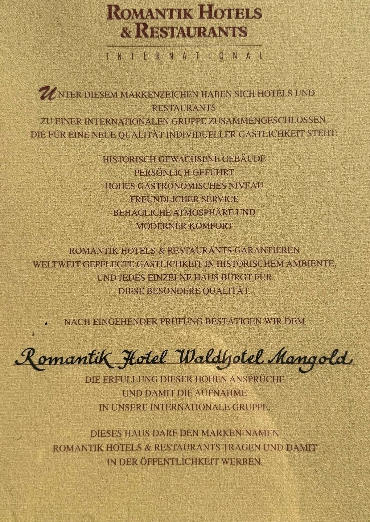 Urkunde 1999 – Aufnahme in den Kreis der Romantik Hotels & Restaurants