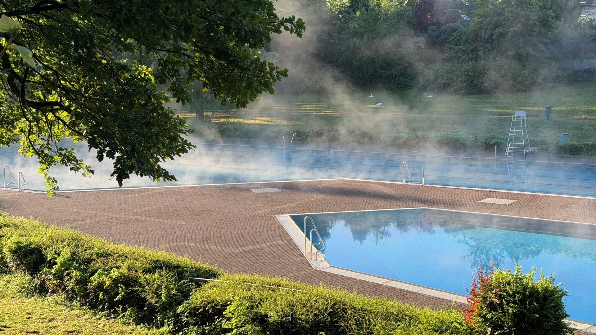 Morgenstimmung im Freibad Milchborntal Morgenstimmung im Freibad Milchborntal mit Wasserdampf über dem warmen Becken